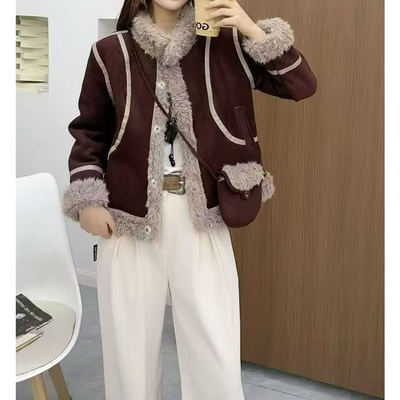 咖色短款皮毛一体羊羔毛厚外套女2025新款冬季加绒韩系机车服爆款