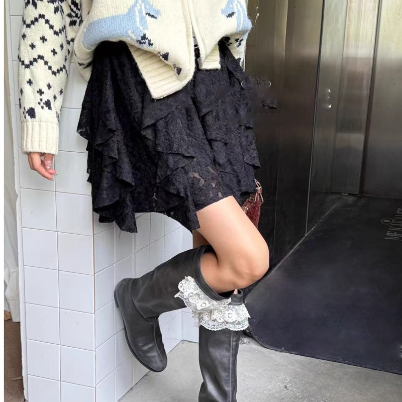 2025韩系甜美蕾丝层次感不规则短裙女显瘦a字半身裙(有安全裤