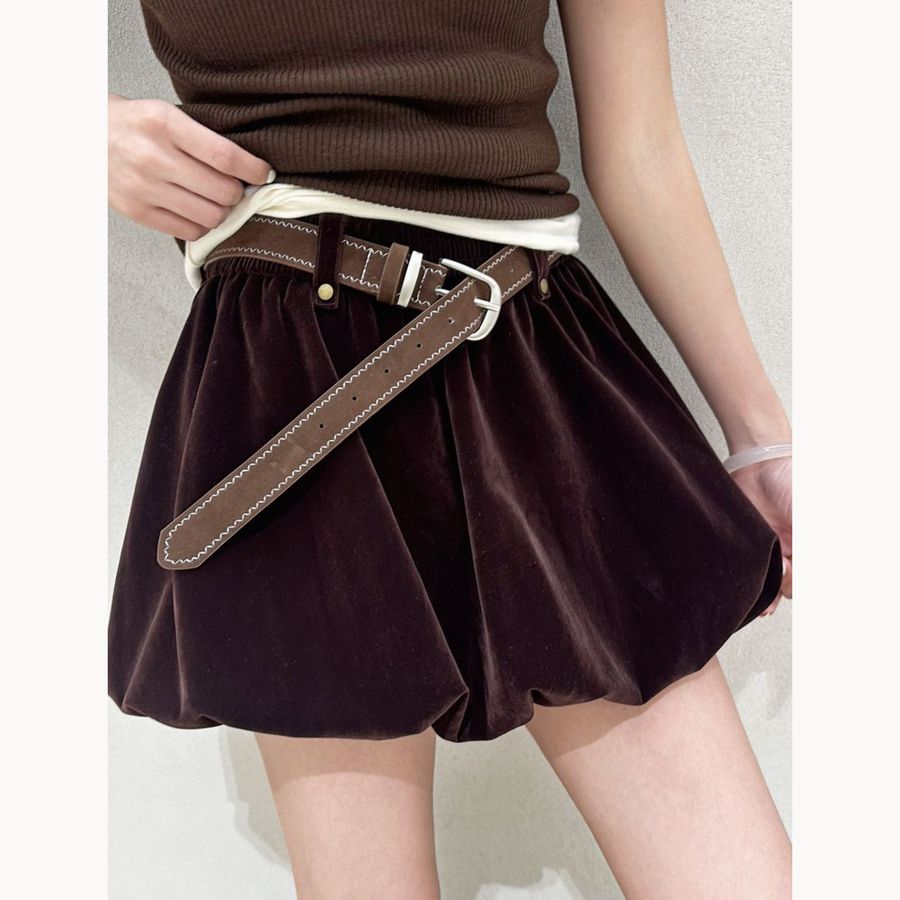 2025秋季新款时尚高腰显瘦丝绒花苞裙女百搭A字蓬蓬短裙潮