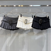 饰辣妹纯色百褶裙超短裙女 小众名媛宽腰带装 网红同款 2024春夏新款