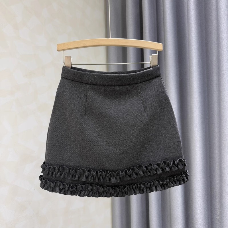 灰色木耳花边拼接毛呢半身裙女高腰显瘦秋冬新款百搭A字包臀短裙