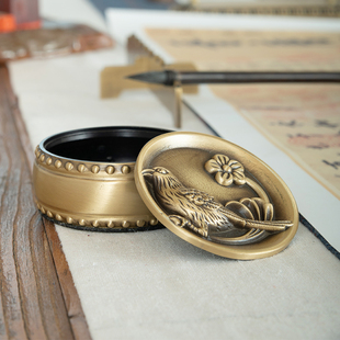 铜无境新中式黄铜圆形墨盒带盖密封防干墨便携储墨文房礼品学生