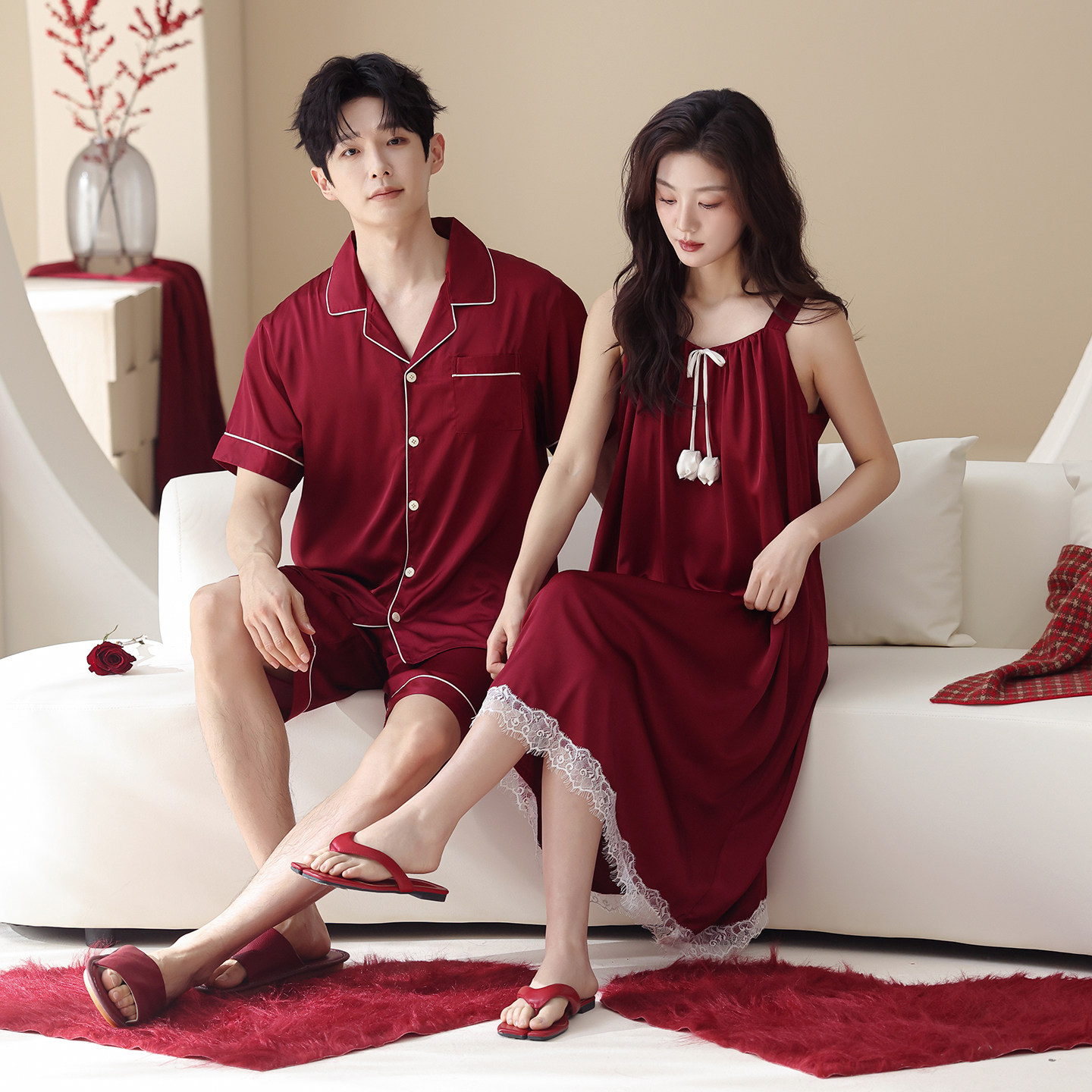结婚睡衣情侣夏季薄款冰丝吊带睡裙女红色喜庆家居服男士短袖套装