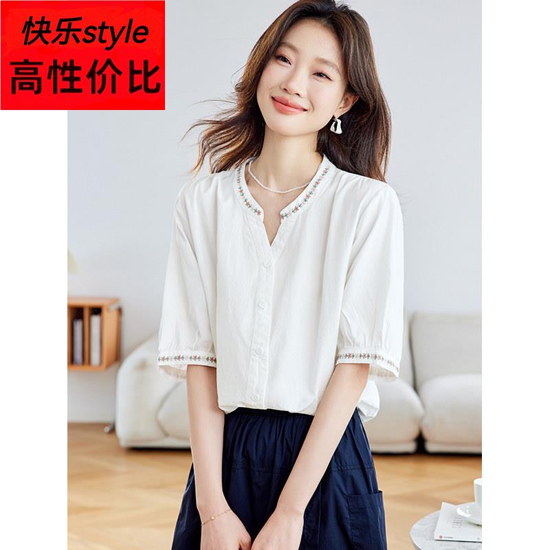 白色纯棉刺绣半开领短袖衬衫女2025新款夏季宽松洋气减龄短款上衣
