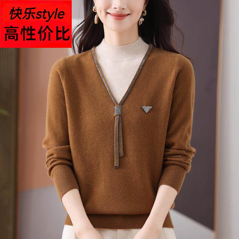 中年妈妈羊毛衫女假两件针织上衣秋冬季大码半高领毛衣打底羊绒衫