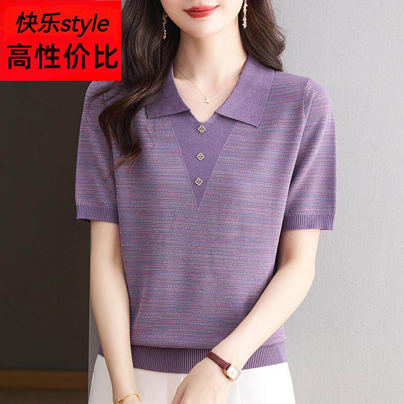 夏季新款短袖针织衫女宽松妈妈装洋气翻领上衣特大码桑蚕丝Tt恤衫