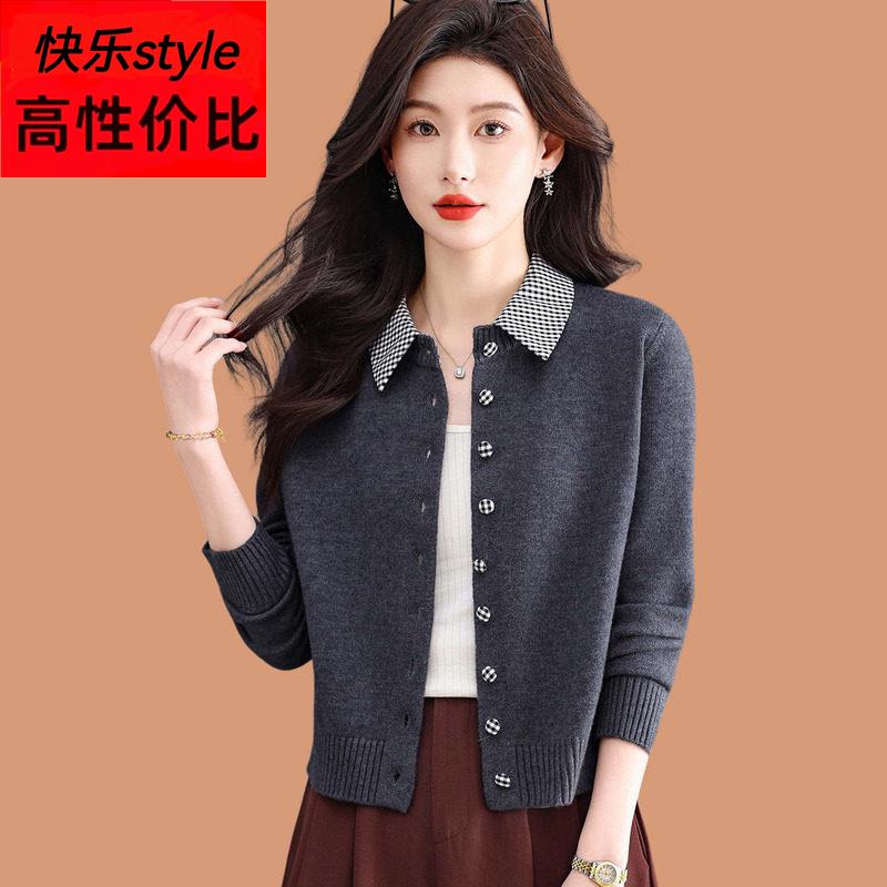 美式灰色polo领假两件长袖针织开衫女秋冬季格子高腰短款毛衣上衣