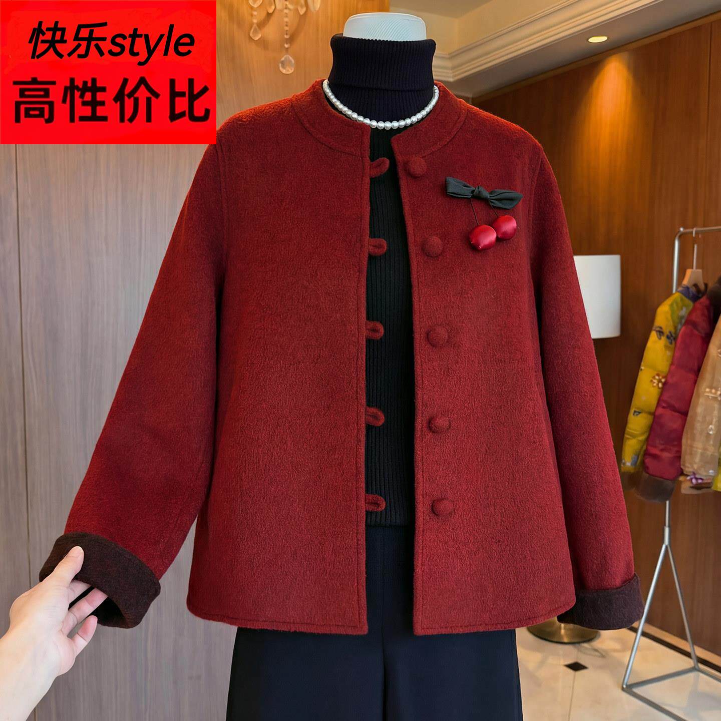本命年喜庆妈妈春装红色毛呢大衣喜婆婆装中老年女装短款呢子外套