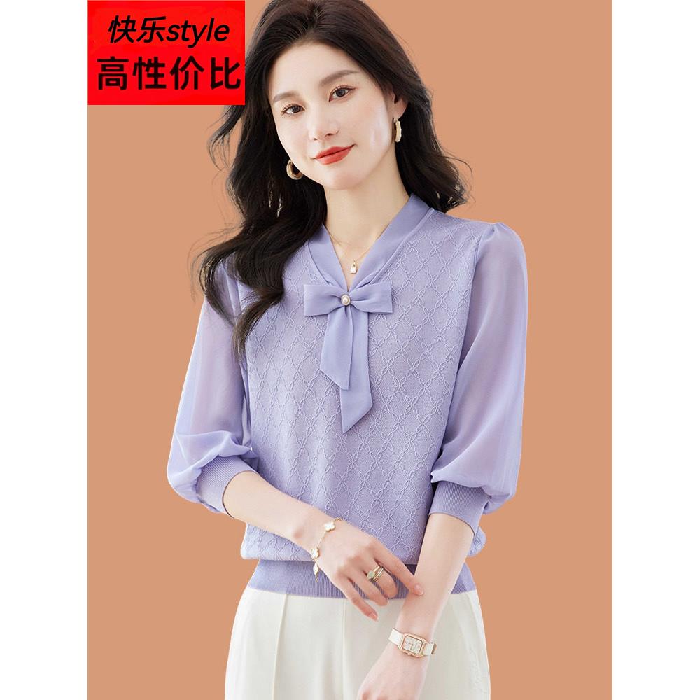 雪纺真丝t恤女2025夏新款蝴蝶结v领冰丝针织衫小香风紫上衣配裙子