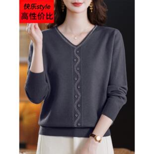 春秋针织羊毛衫女宽松特大码v领洋气减龄上衣妈妈装薄款打底毛衣