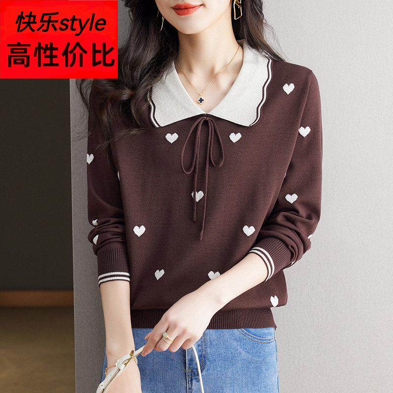 娃娃领冰丝针织衫春秋短款长袖上衣2025新款早秋女装薄款打底毛衣