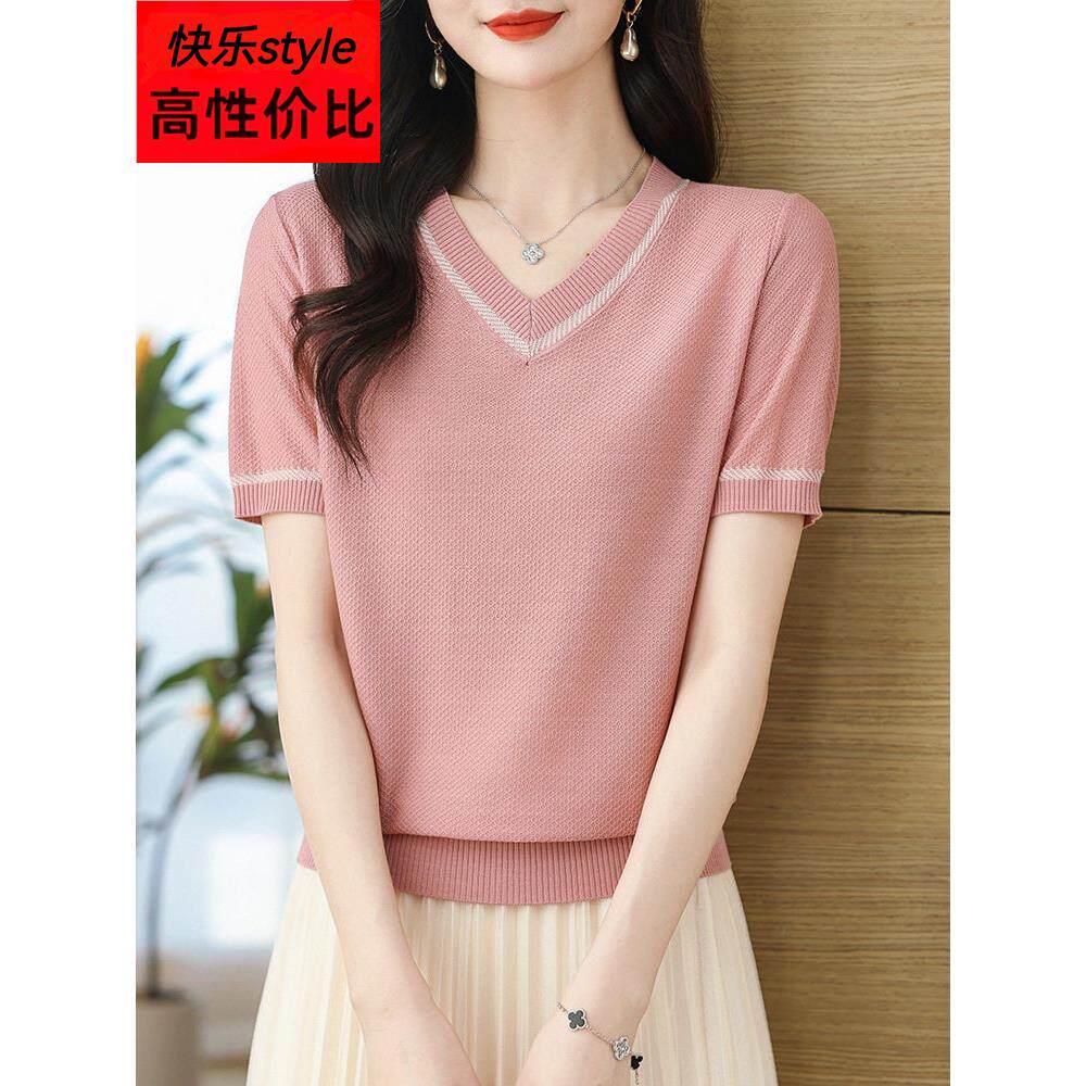 女式V领短袖t恤2025新款天丝针织品薄妈式夏季连衣裙时尚年轻冰丝