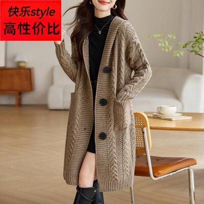 秋冬毛衣外套女中长款外搭2025新款慵懒风宽松加厚连帽针织衫开衫