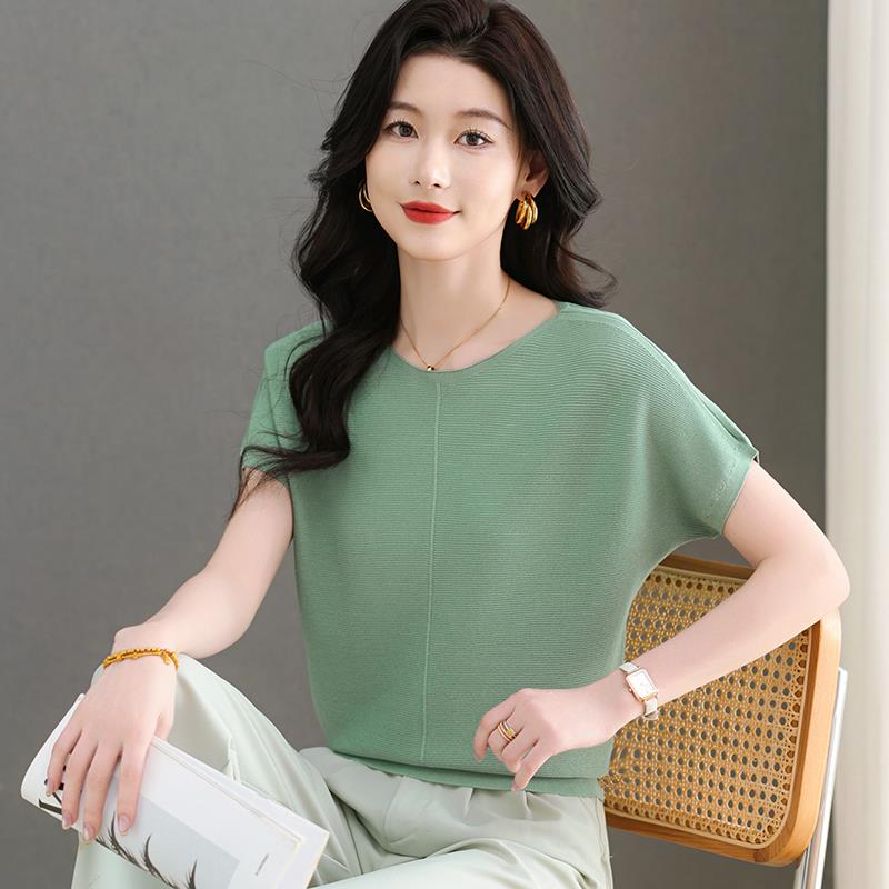 圆领天丝短袖t恤女爆款2025夏季新款时尚妈妈高档冰丝针织蝙蝠衫