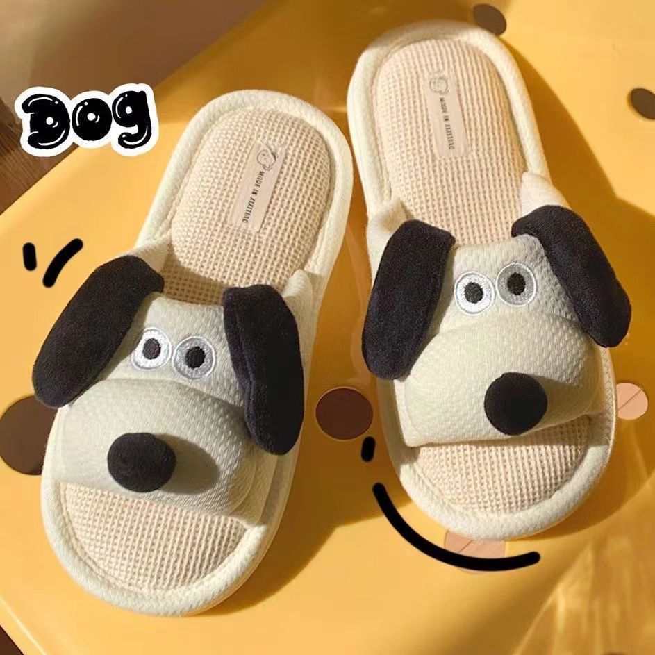 可爱小狗亚麻拖鞋女款四季通用