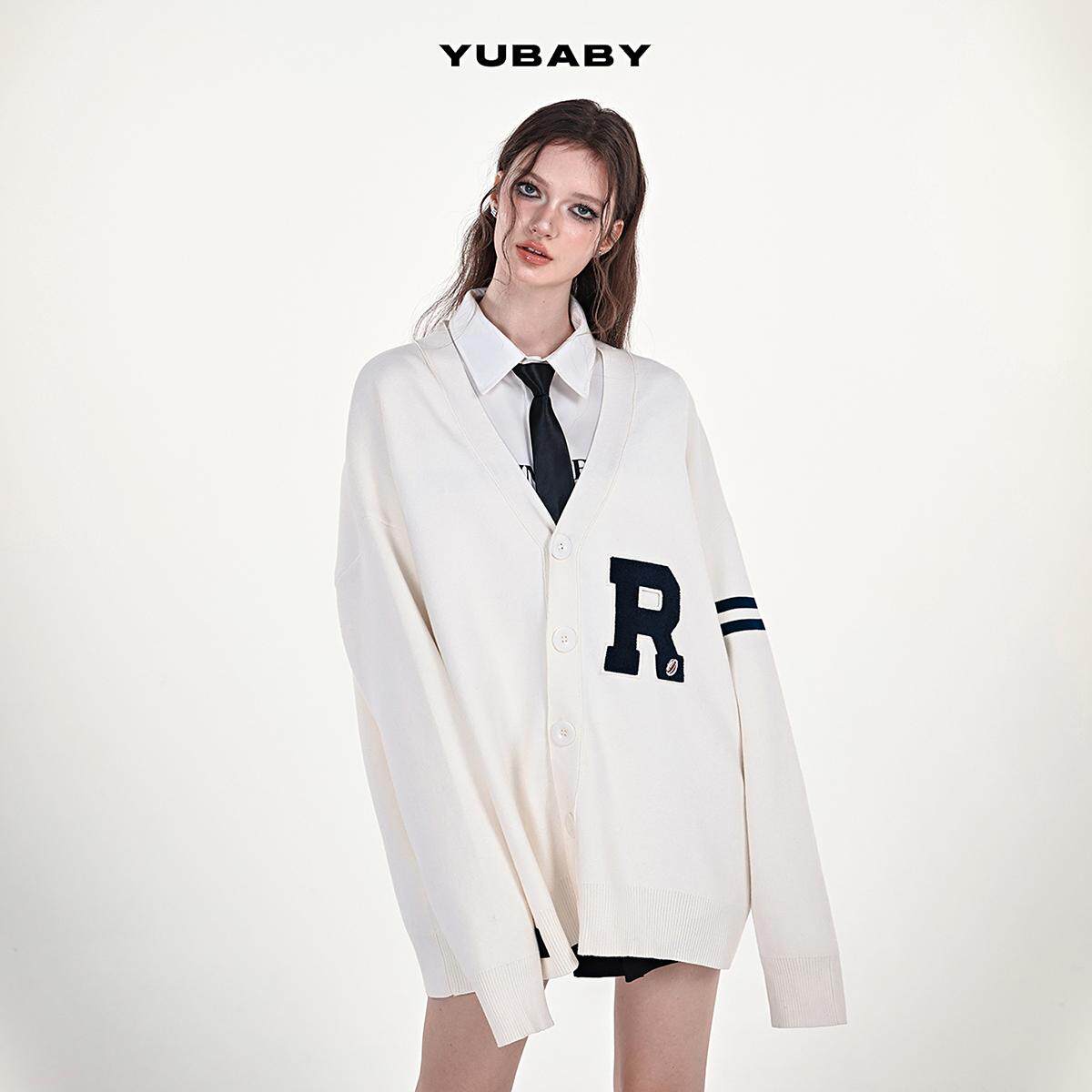 YUBABY学院风毛巾布贴布针织开衫大版型舒适毛衣休闲黑色米白色