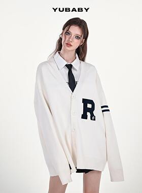YUBABY学院风毛巾布贴布针织开衫大版型舒适毛衣休闲黑色米白色