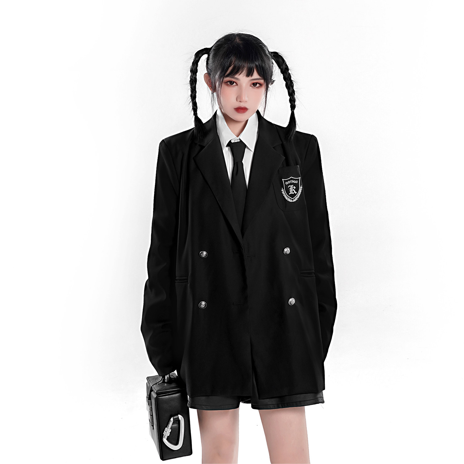 小雨家哥特式jk徽章刺绣金属纽扣军扣双排扣军装风短袖西装外套