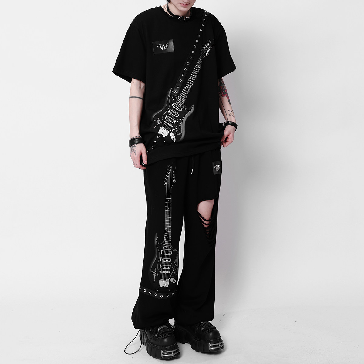 拼皮背带摇滚朋克斜挎立体电吉他金属装饰乐队风宽松皮带短袖大