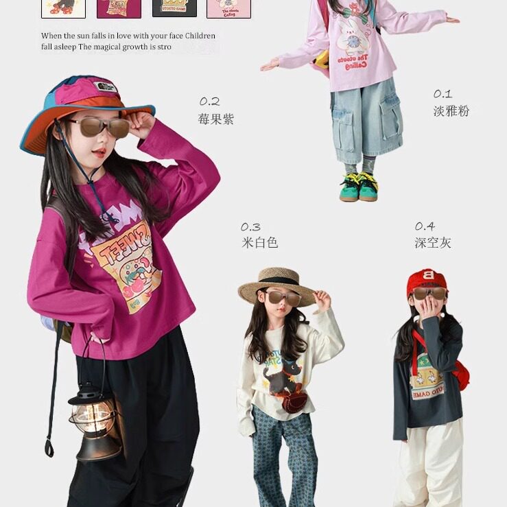 女童长袖卡通印花插肩袖T恤2025春秋新款韩版儿童个性洋气打底衣