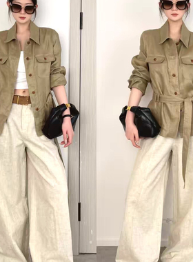 诺诺家小众00纯亚麻工装口袋衬衫简约气质上衣衬衫(配腰带)A9991