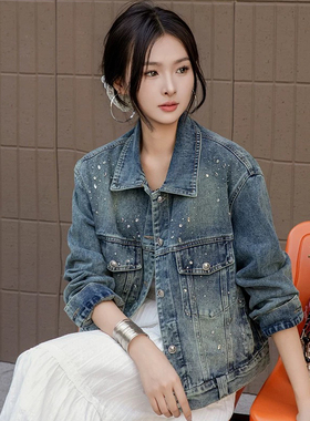 诺诺设计站设计感镶钻牛仔短外套女长袖大口袋上衣牛仔外套26690