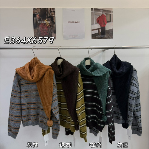 冬上新复古撞色条纹圆领宽松长袖保暖毛衣(配围巾)（新4E364X6579