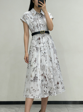诺诺家小众质优雅印花蝴蝶收腰连衣裙配腰带连衣裙(配腰带)A9995