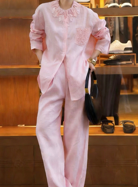诺诺家小众绣花边领口袋法式复古衬衫+休闲裤套装(两件套)A9927