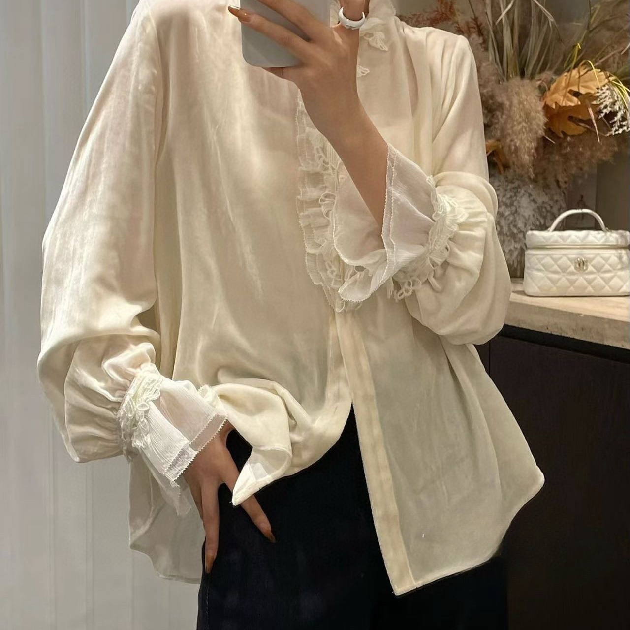 诺26年早春立领荷叶边宽松真丝丝绒小衫(不含任何配件)SY25638