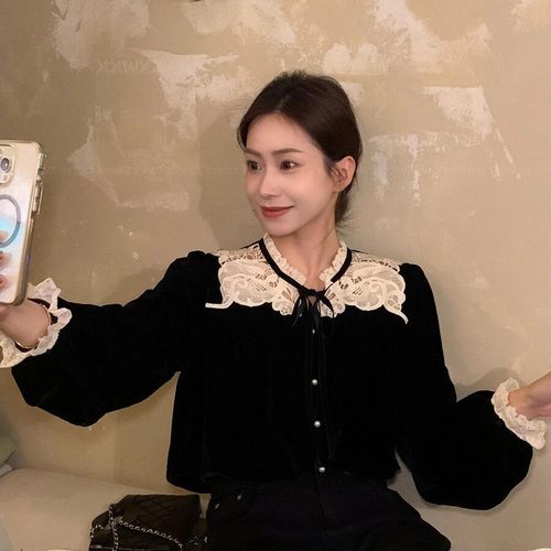 诺诺家真丝丝绒重工定位镂空绣花衬衫超级美仙气小衫YS224-G306