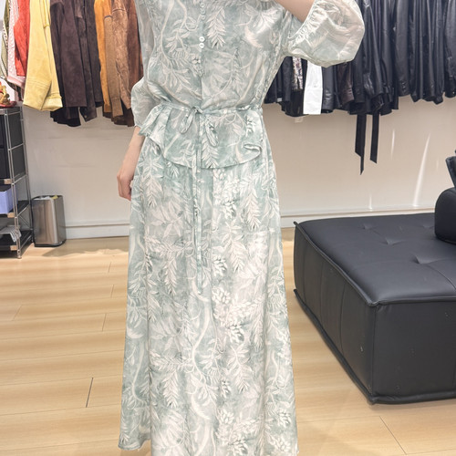 诺诺26夏上新法式浪漫印花长款七分袖连衣裙dz-YN32011