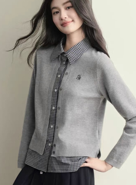 诺诺家上新优雅气质减龄珍珠灰格纹假两件针织衫针织开衫Q11-031
