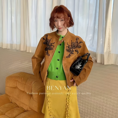 诺诺夏上新高级复古重工刺绣磨砂皮夹克短外套YS-3653