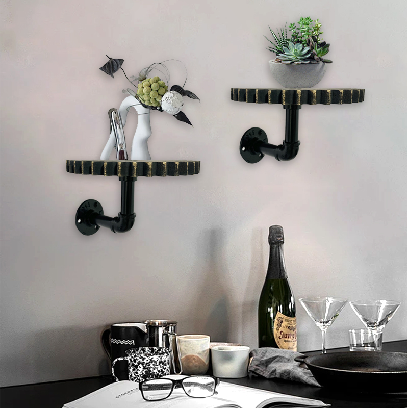 铁艺水管墙上置物架复古美式壁挂隔板个性圆形齿轮壁挂墙壁置物架