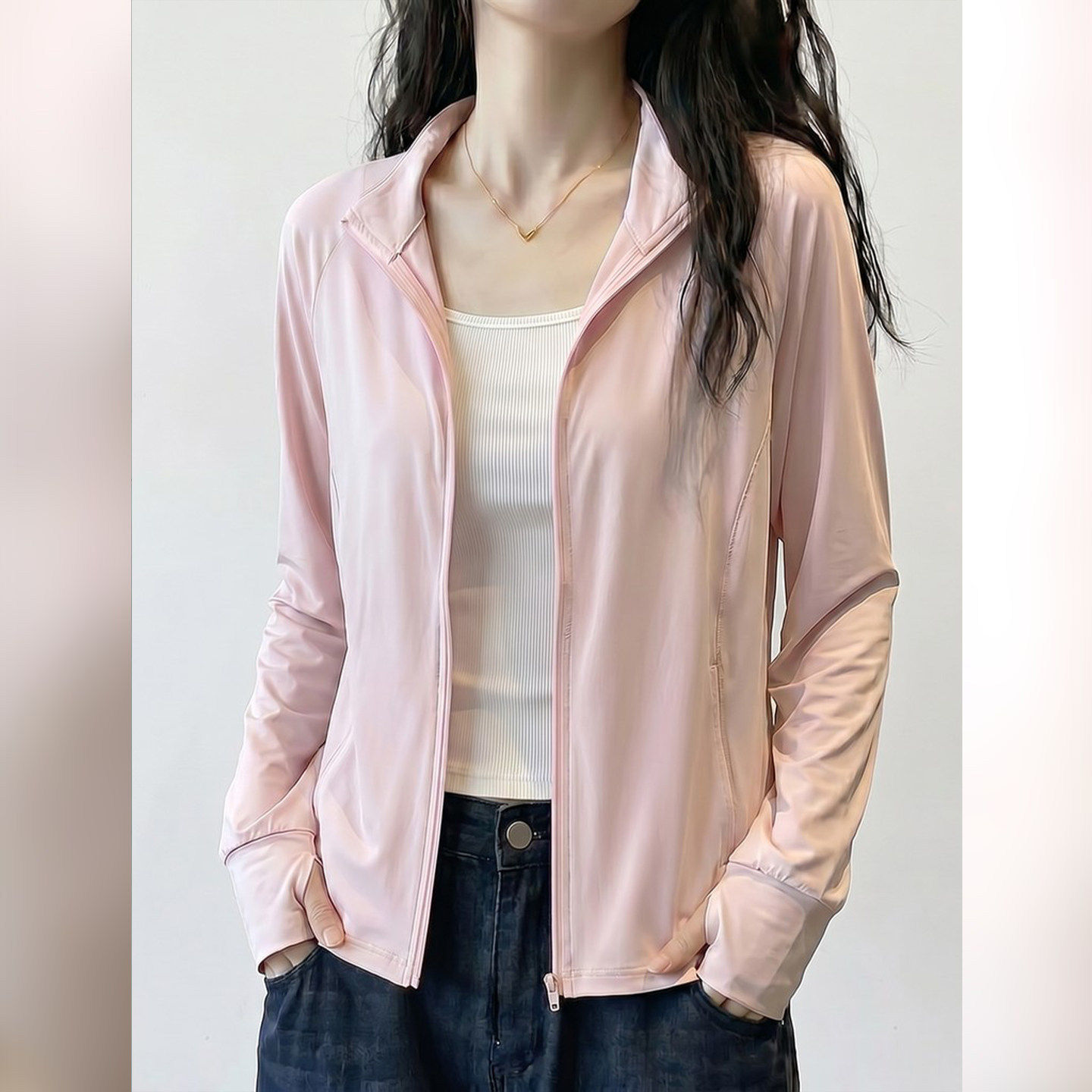 粉色大码冰丝无帽防晒衣女图片