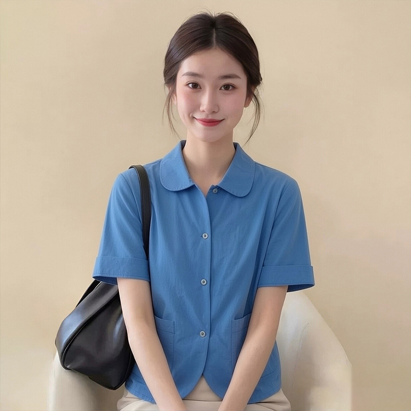 法式通勤风气质娃娃领短袖衬衫女夏季蓝色小个子通勤纯色衬衫上衣