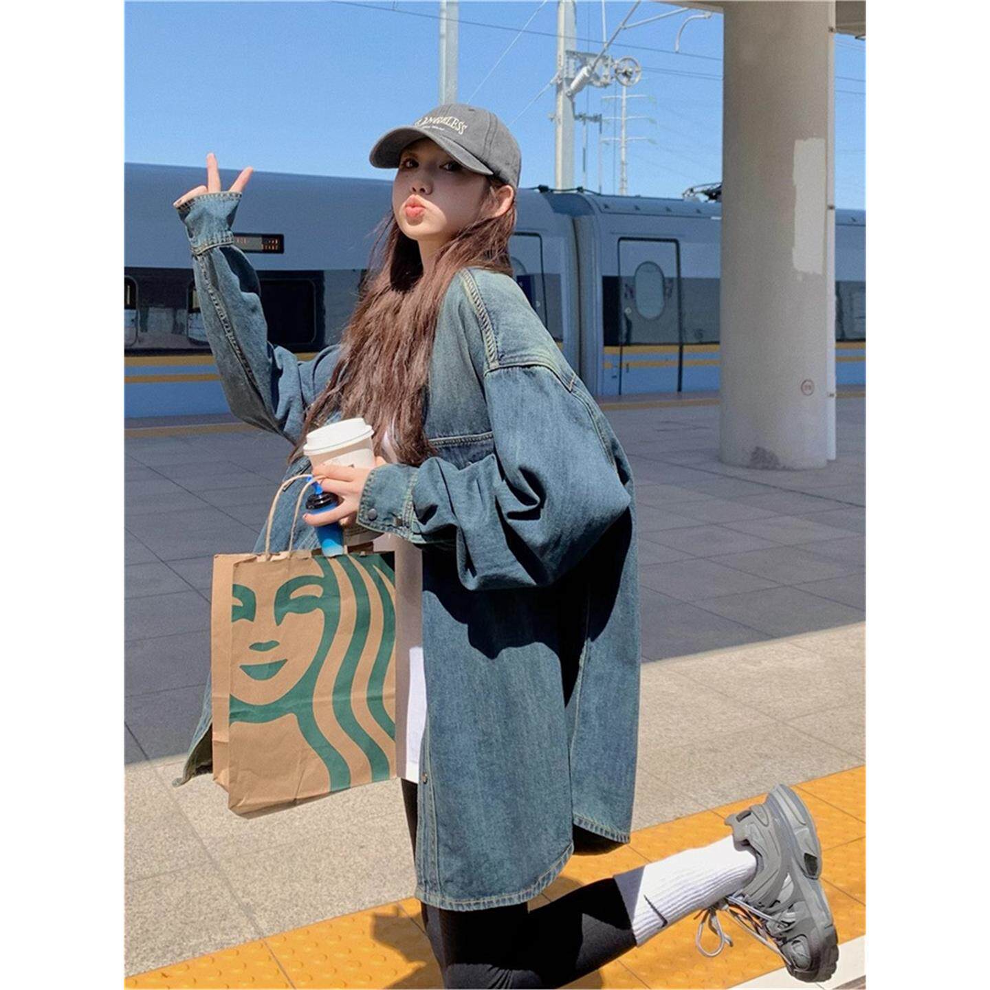 港风复古牛仔衬衫外套女春图片