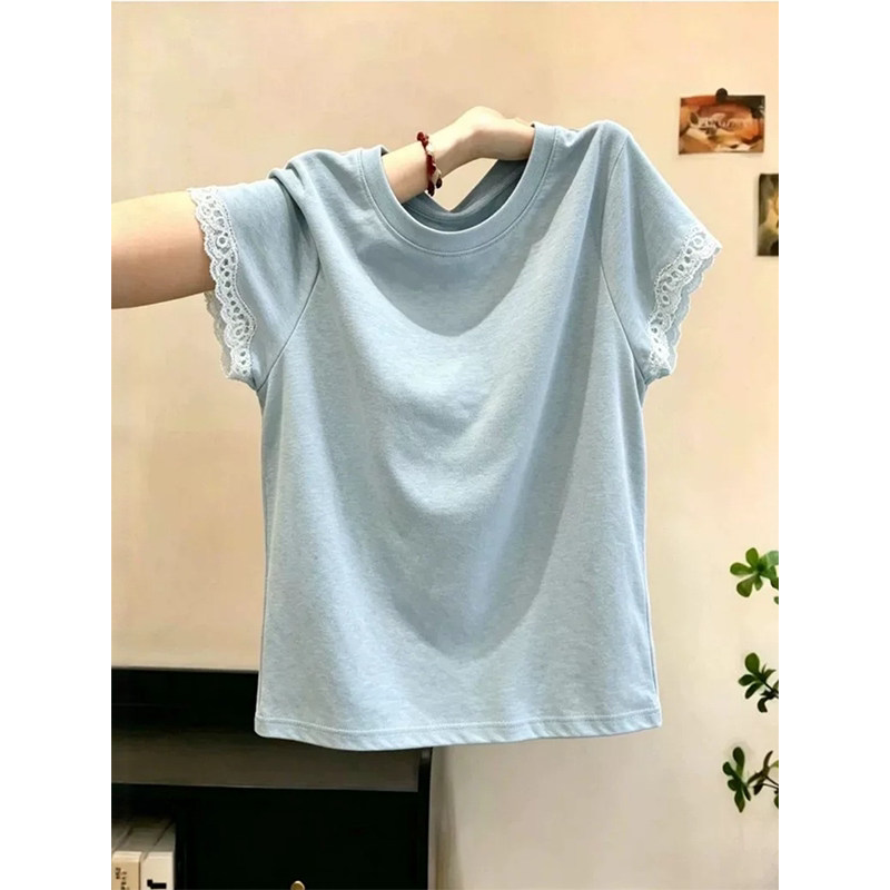 轻熟风蓝色蕾丝拼接短袖T恤女夏季穿搭大码胖MM宽松显瘦气质上衣