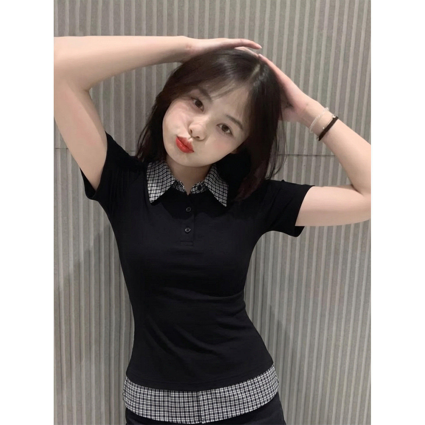 女大童格子拼接POL领短袖t图片