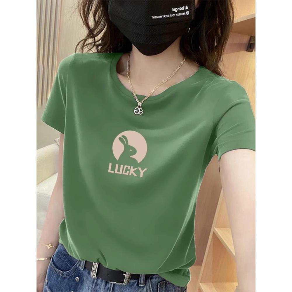 绿色高端品牌短袖t恤女夏季新款宽松半袖体恤衫时尚洋气印花上衣