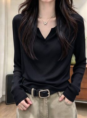 黑色竹节棉V领打底衫女秋