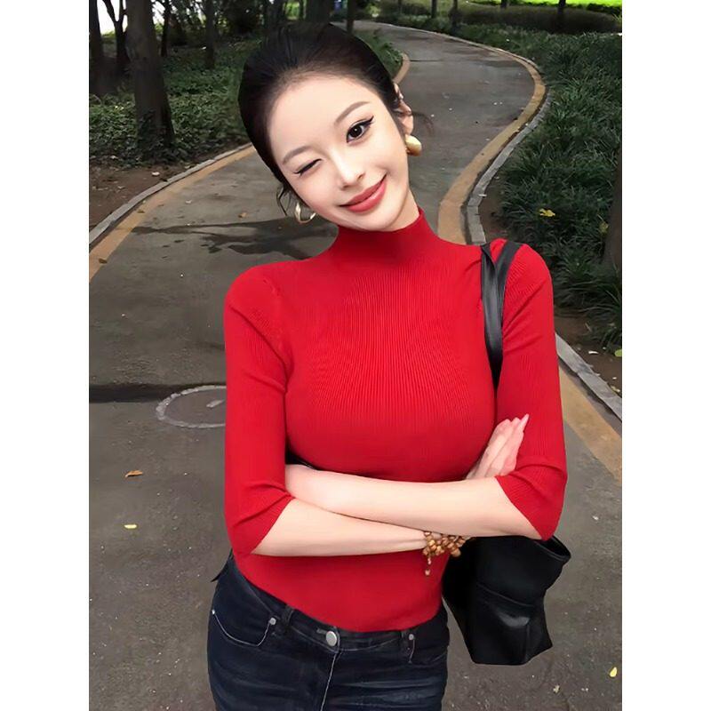 红色半高领中袖打底衫女秋冬新款修身辣妹紧身针织衫气质内搭上衣