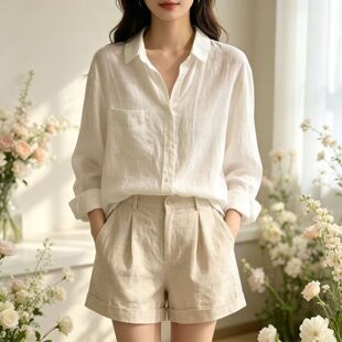 白色亚麻老钱风防晒衬衫外套女夏季薄款宽松显瘦棉麻长袖防晒上衣