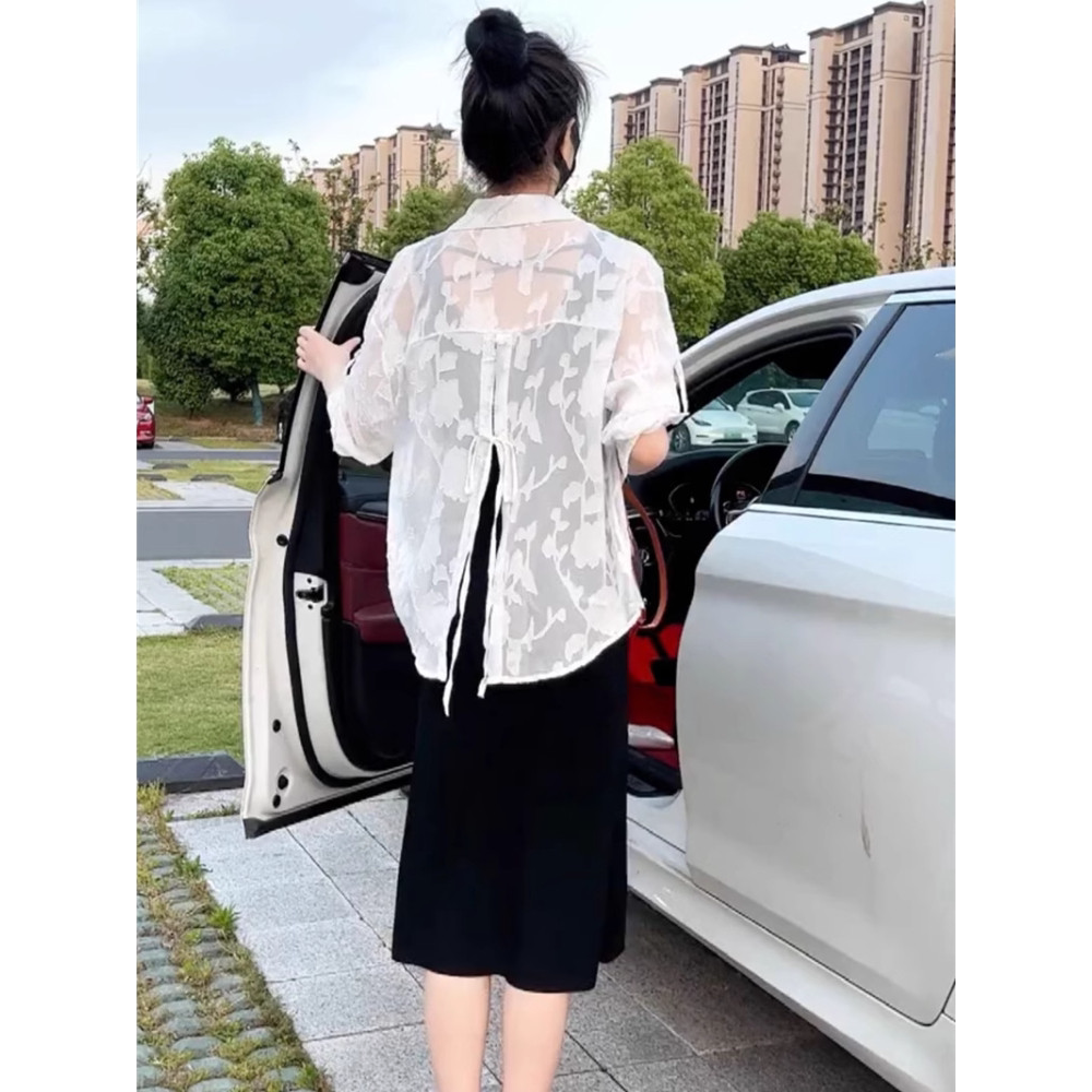 后背开叉薄款雪纺防晒衬衫女夏季宽松小个子空调衫外搭开衫上衣潮