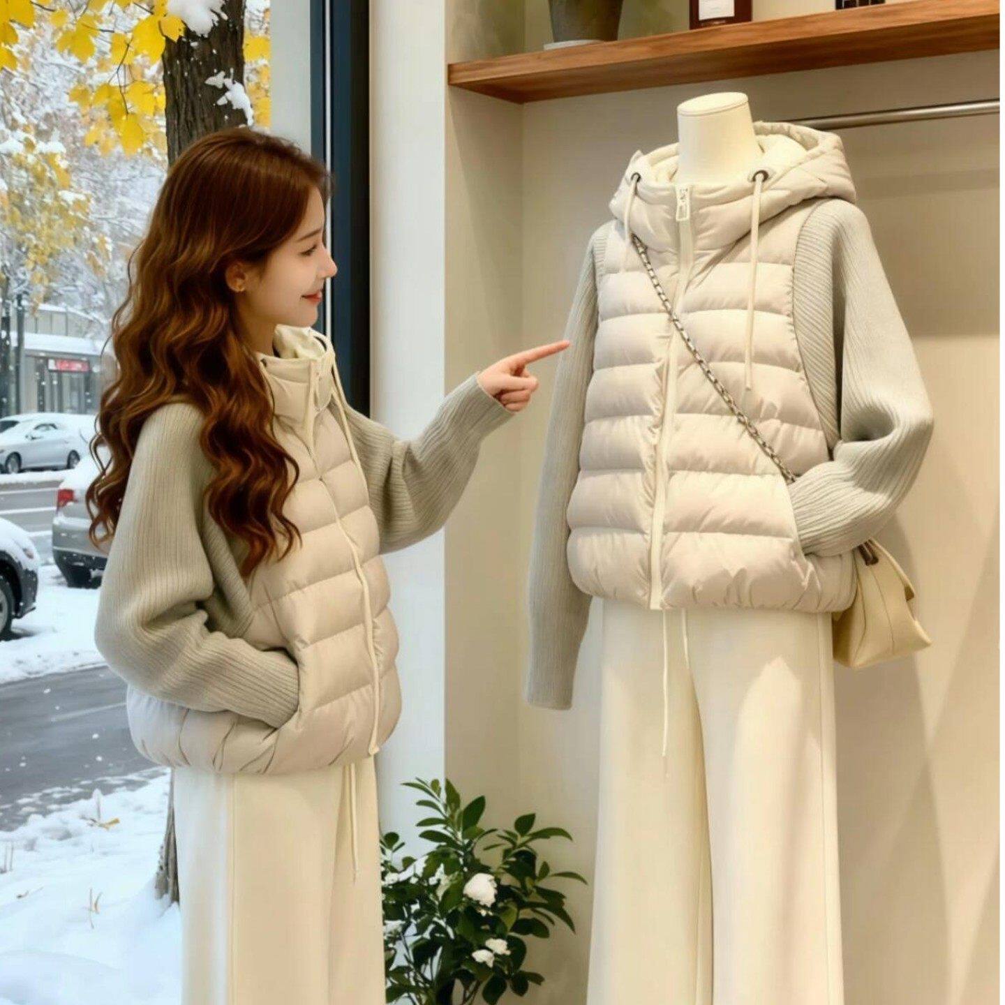 轻薄针织拼接棉服女款2025图片