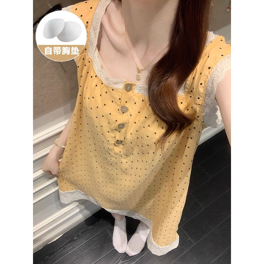带胸垫一体无袖背心睡裙女夏季新款韩版蕾丝边连衣裙波点吊带睡衣