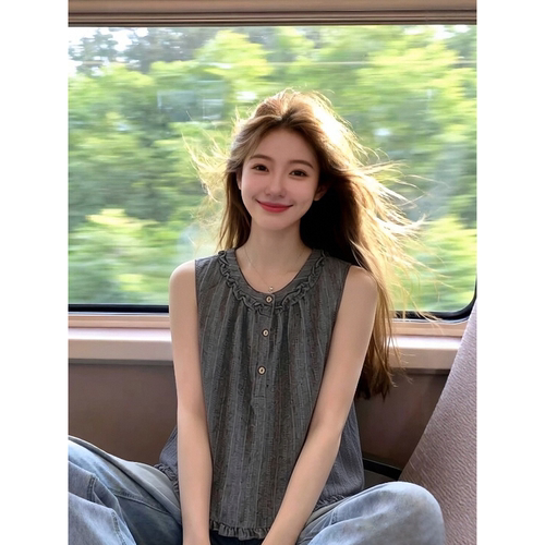 韩版灰色条纹木耳边无袖衬
