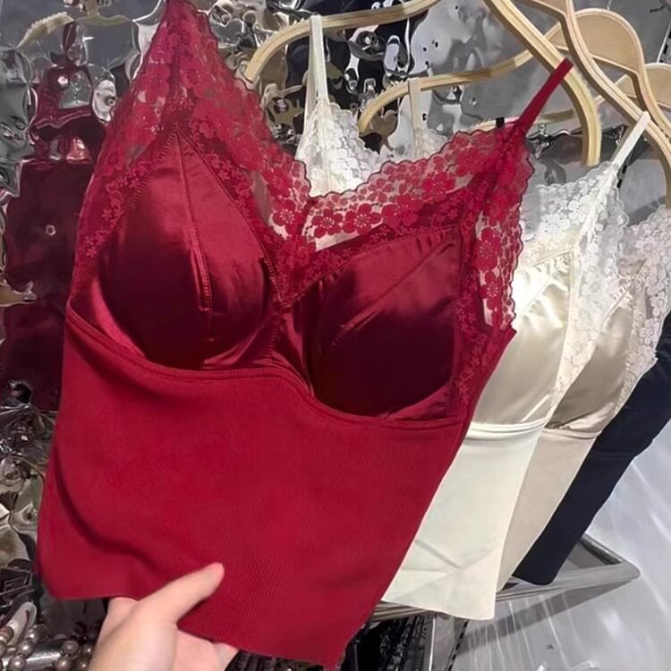 红色蕾丝边加绒吊带背心女带胸垫文胸一体美背背心本命年保暖内衣