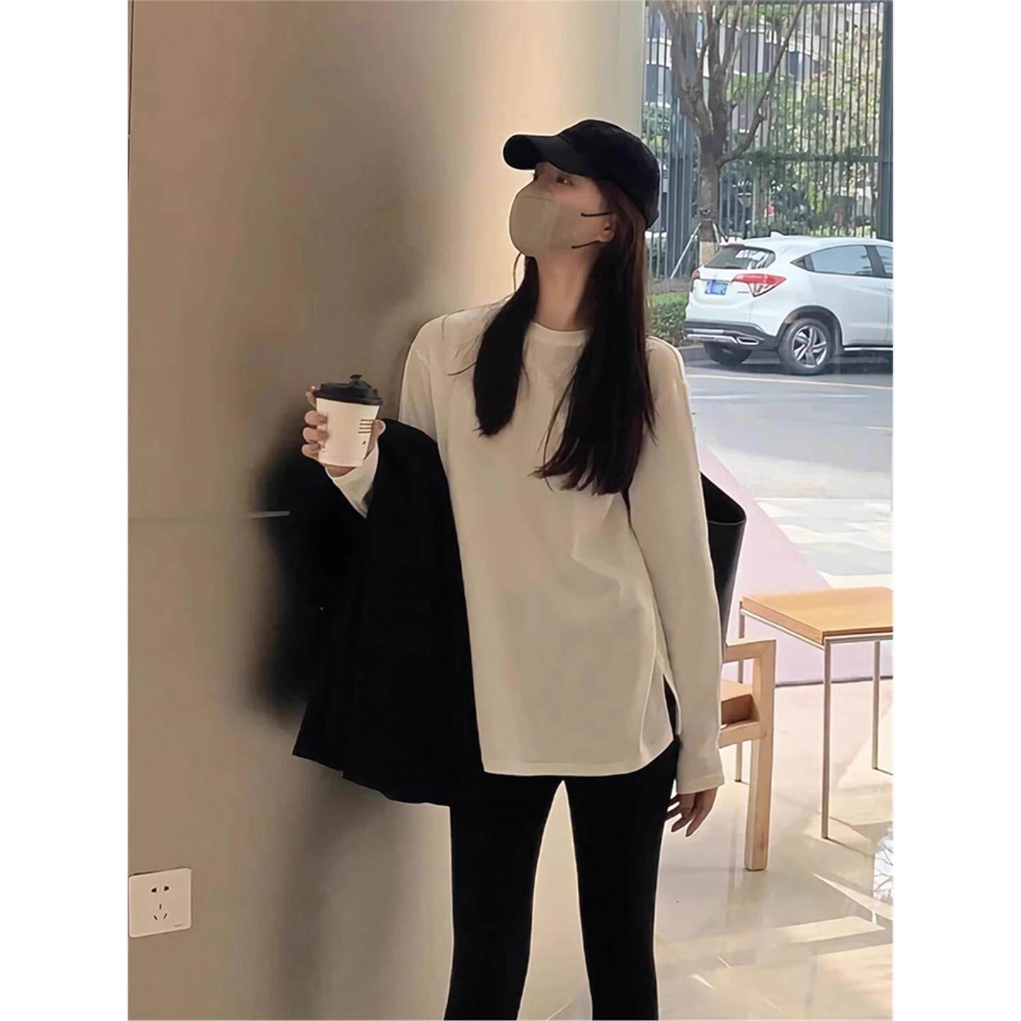 纯棉白色长袖T恤女春秋冬新款卫衣叠穿内搭打底衫配鲨鱼裤的上衣